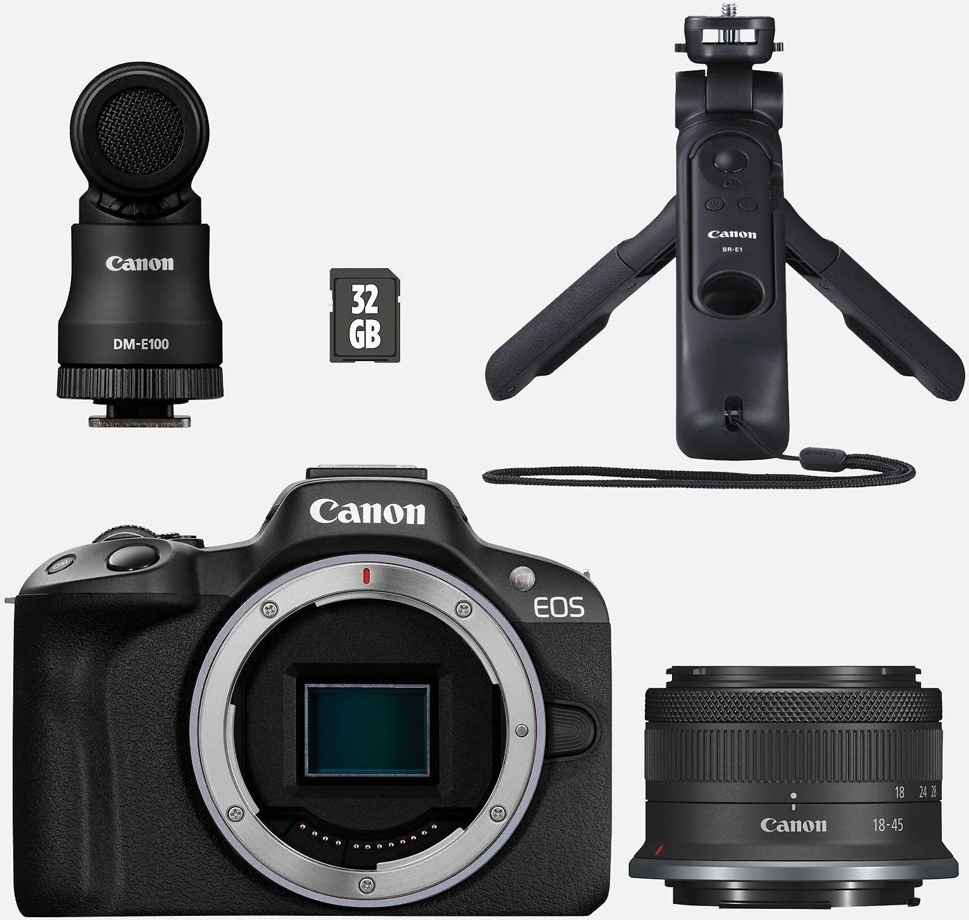 „Canon“ | EOS R50 + RF-S 18–45 mm „CREATOR“ rinkinys (SIP) | 24,2 megapikselių | Vaizdo stabilizatorius | ISO jautrumas (maks.) 32000 | Ekrano įstrižainė 2,95 colio | „Wi-Fi“ | Vaizdo įrašymas | Automatinis, rankinis | CMOS | Juodas