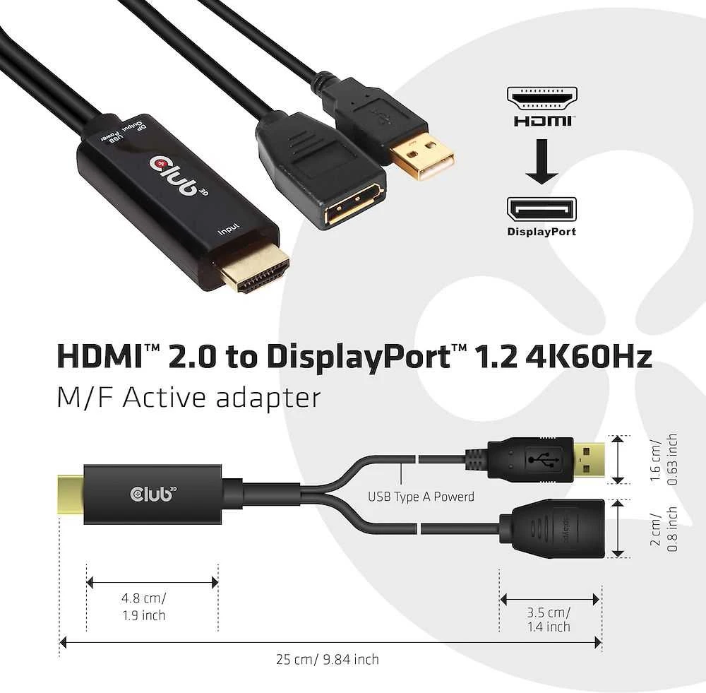 Club 3D CLUB3D HDMI 2.0 Į DISPLAYPORT 1.2 4K60HZ HDR M/F ACTIVE ADAPTER Juodas
