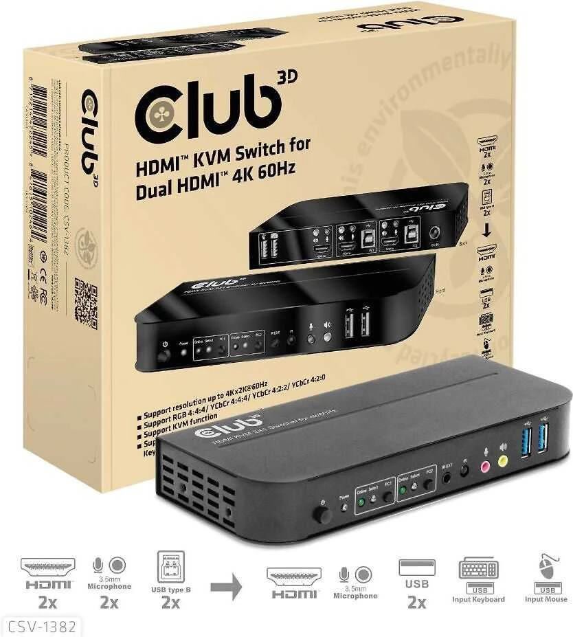 Club 3D Club3D tinklo jungiklis – jungiklis, HDMI KVM jungiklis – dvigubas HDMI 4K 60Hz