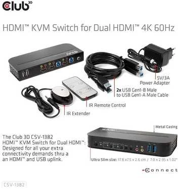 Club 3D Club3D tinklo jungiklis – jungiklis, HDMI KVM jungiklis – dvigubas HDMI 4K 60Hz