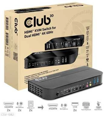 Club 3D Club3D tinklo jungiklis – jungiklis, HDMI KVM jungiklis – dvigubas HDMI 4K 60Hz