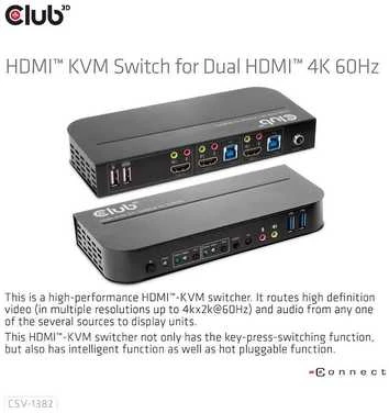 Club 3D Club3D tinklo jungiklis – jungiklis, HDMI KVM jungiklis – dvigubas HDMI 4K 60Hz