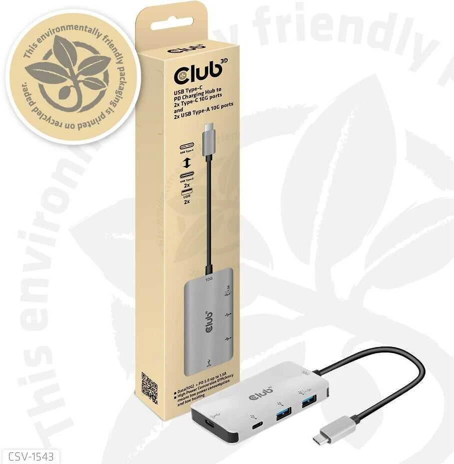 Club 3D USB Gen2 Type-C PD įkrovimo šakotuvas su 2x Type-C 10G prievadais ir 2x USB Type-A 10G