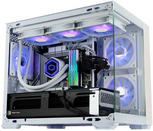 „Cooler Master Elite 481 Wood“, ATX, permatomas šoninis skydelis, 3x 120 mm ARGB ventiliatoriai, baltas