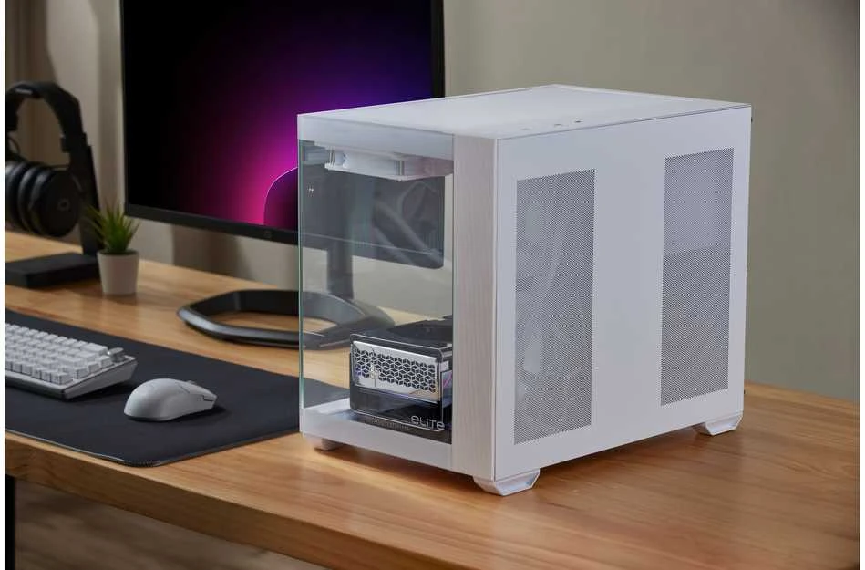 „Cooler Master Elite 481 Wood“, ATX, permatomas šoninis skydelis, 3x 120 mm ARGB ventiliatoriai, baltas