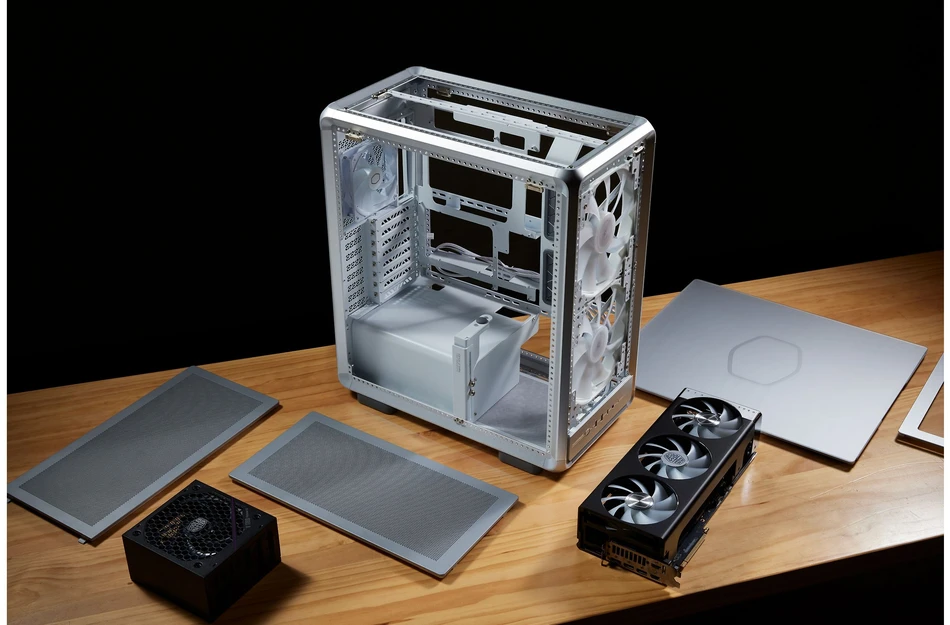 „Cooler Master“ korpusas „MasterFrame 500 Mesh“ sidabrinis, permatomas šoninis skydelis, ATX, 2x 200 mm ventiliatoriai, 1x 120 mm ventiliatorius, pilkas