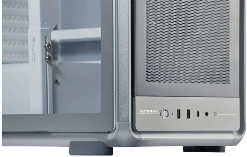 „Cooler Master“ korpusas „MasterFrame 500 Mesh“ sidabrinis, permatomas šoninis skydelis, ATX, 2x 200 mm ventiliatoriai, 1x 120 mm ventiliatorius, pilkas