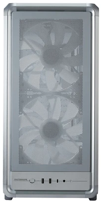 „Cooler Master“ korpusas „MasterFrame 500 Mesh“ sidabrinis, permatomas šoninis skydelis, ATX, 2x 200 mm ventiliatoriai, 1x 120 mm ventiliatorius, pilkas