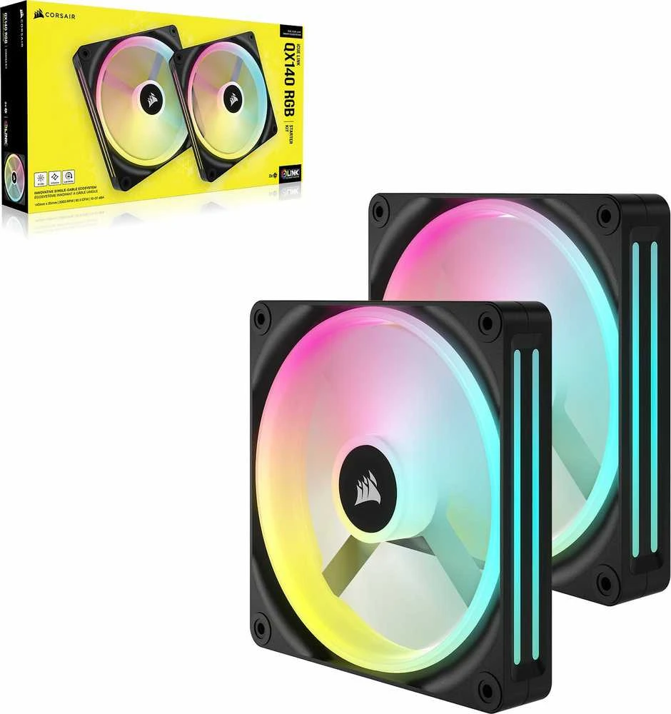 Corsair iCUE LINK QX140 RGB Series, PWM korpuso ventiliatorius, 2er Pack su RGB valdikliu- 140mm, juodos spalvos, Starter Kit