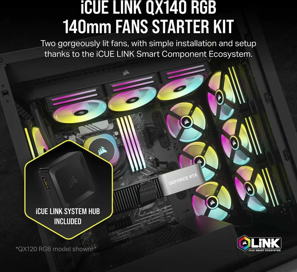 Corsair iCUE LINK QX140 RGB Series, PWM korpuso ventiliatorius, 2er Pack su RGB valdikliu- 140mm, juodos spalvos, Starter Kit