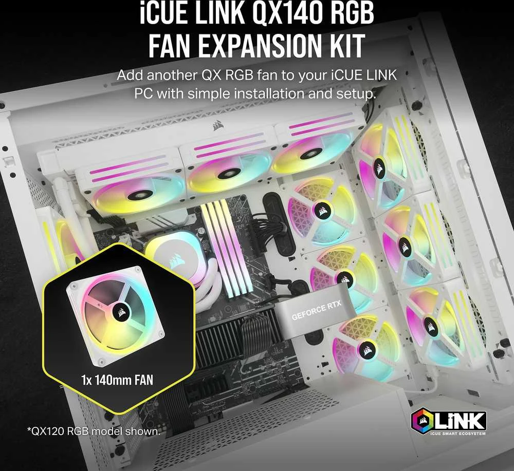 CORSAIR iCUE LINK QX140 RGB Baltas 140 mm magnetinio kupolo ventiliatorius, vienas