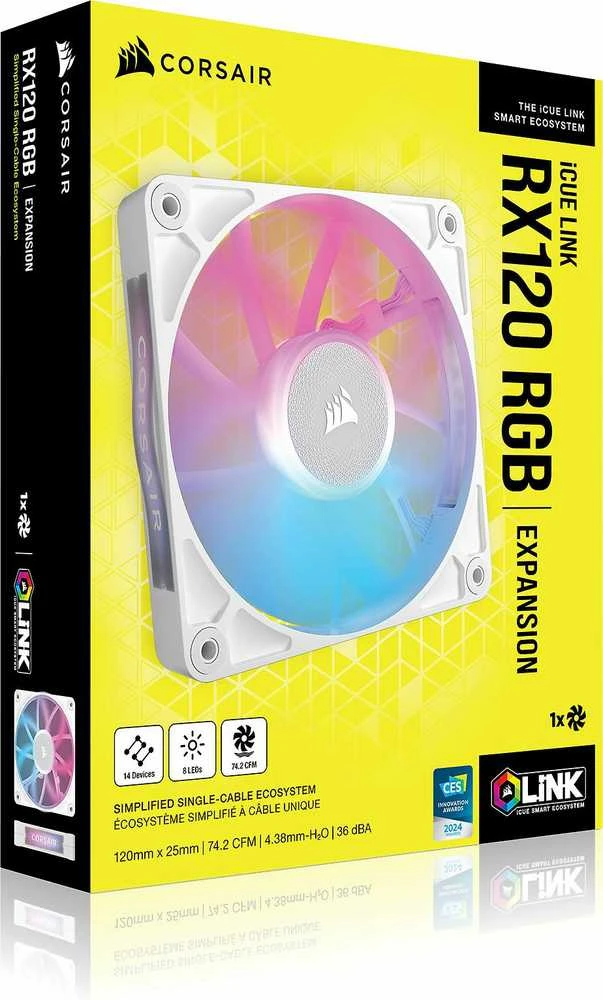 „Corsair iCUE LINK RX120 RGB“ serijos PWM ventiliatorius, 120 mm, baltas