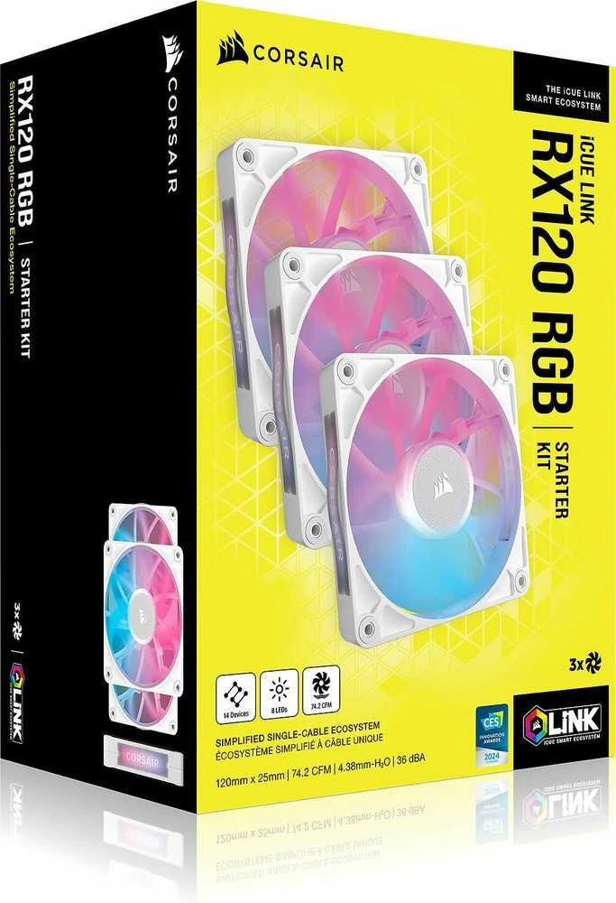 „Corsair iCUE LINK RX120 RGB“ serijos PWM ventiliatoriai, 3 vnt. pakuotėje – 120 mm, baltas