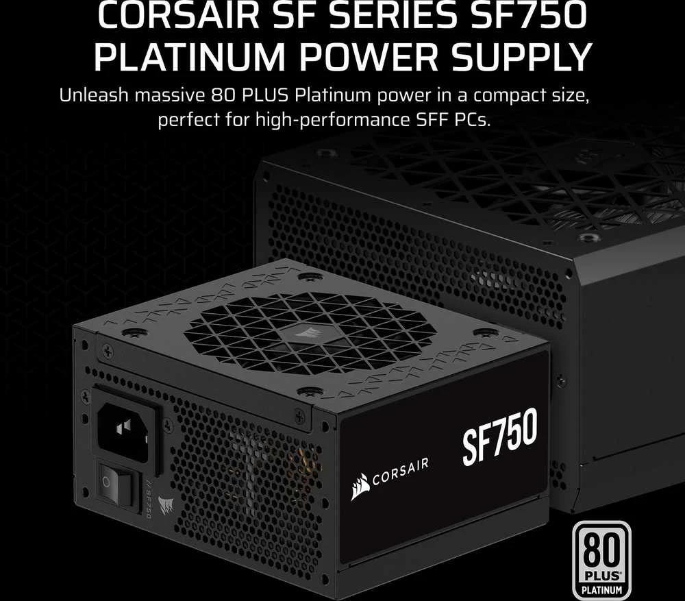 „Corsair SF Series SF750 SFX“ maitinimo šaltinis, 80 PLUS Platinum, ATX 3.1 / PCIe 5.1 × 750 vatų, juodas