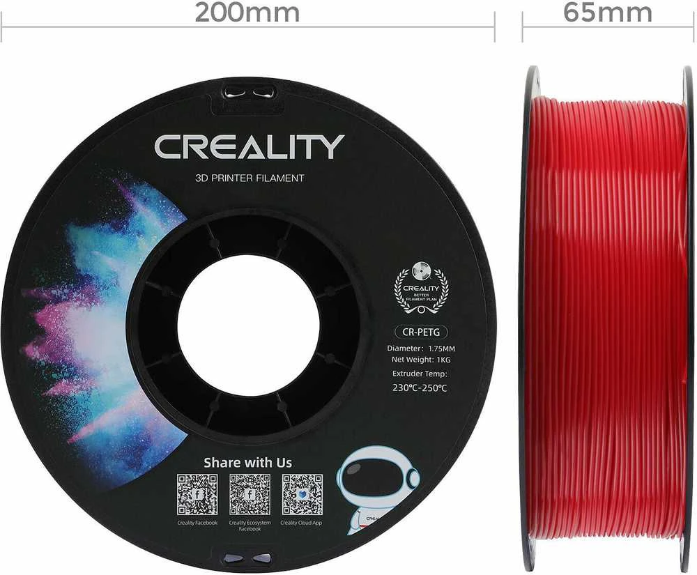 Creality raudono PETG siūlo ritė su matmenimis
