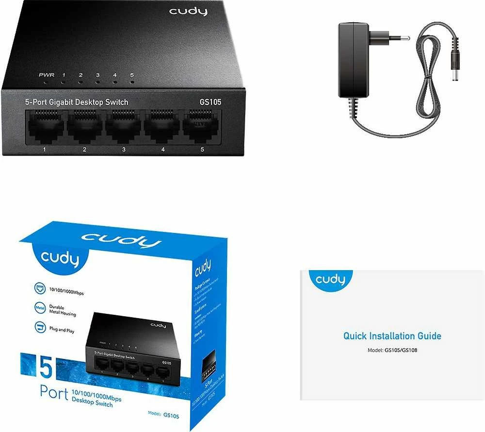 Šakotuvas Tinklo Įranga - Cudy GS105 10Gbps Jungiklis 5 Prievadai Metalinis Dizainas