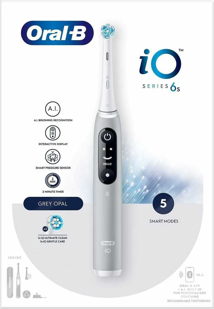 Oral-B Elektrinis dantų šepetėlis | iO6s | Įkraunamas | Suaugusiems | Šepetėlių skaičius galvutės įeina 1 | Number of teeth brushing modes 5 | Pilkas Opal