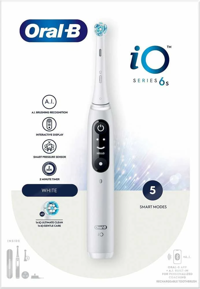 Oral-B Elektrinis dantų šepetėlis | iO6 | Įkraunamas | Suaugusiems | Šepetėlių skaičius galvutės įeina 1 | Number of teeth brushing modes 5 | Baltas