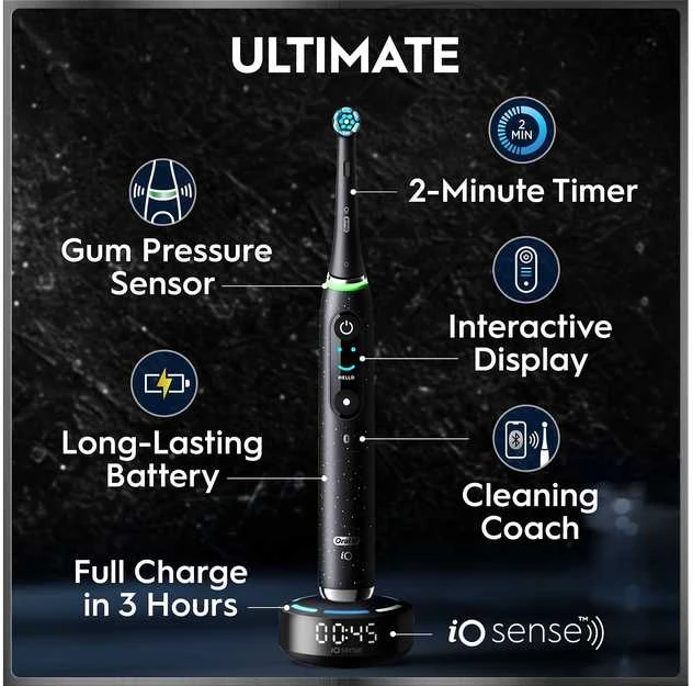 Oral-B iO10 elektrinio šepetėlio funkcijos ir įkrovimo stotelė