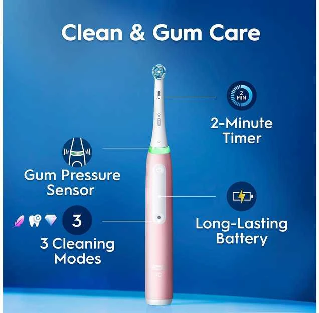 Oral-B iO3 rožinis šepetėlis su funkcijų schema