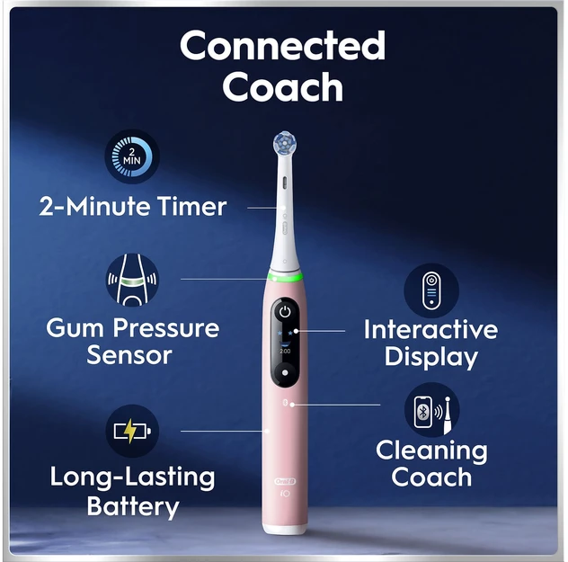 Oral-B iO6 rožinis šepetėlis su funkcijų aprašymu