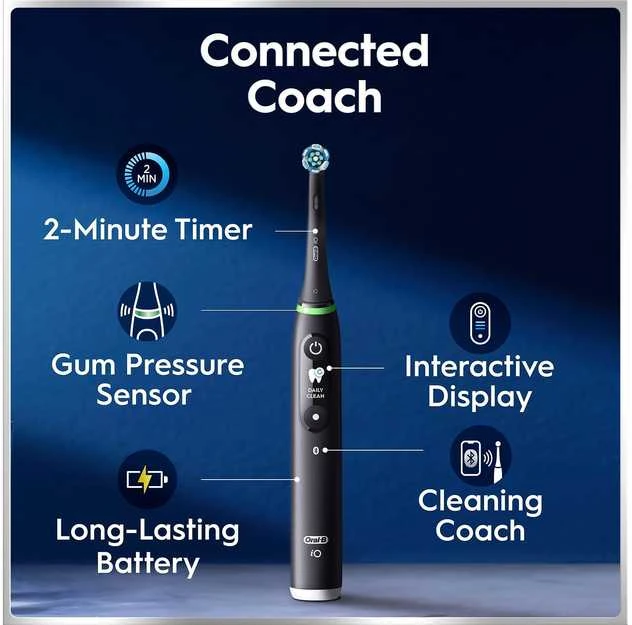 Oral-B iO6 juodas dantų šepetėlis su funkcijų schema