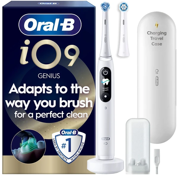 „Oral B iO9“ elektrinis dantų šepetėlis – baltas – 2 šepetėlių galvutės, kelioninis įkrovimo dėklas