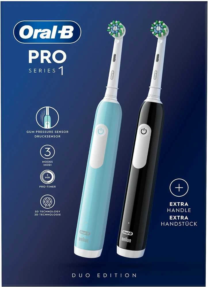 Braun Oral-B | Elektrinis dantų šepetėlis, Duo pack | Pro Series 1 | Įkraunamas | Suaugusiems | Šepetėlių skaičius galvutės įeina 2 | Number of teeth brushing modes 3 | Mėlyna/Juodas