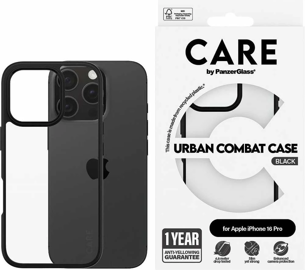 Panzer Glass Care By PanzerGlass Urban Combat dėklas skirtas Apple iPhone 16 Pro juodos spalvos