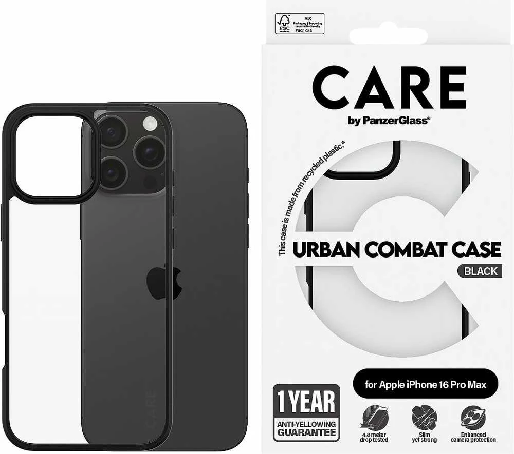 Panzer Glass Care By PanzerGlass Urban Combat dėklas skirtas Apple iPhone 16 Pro Max juodos spalvos