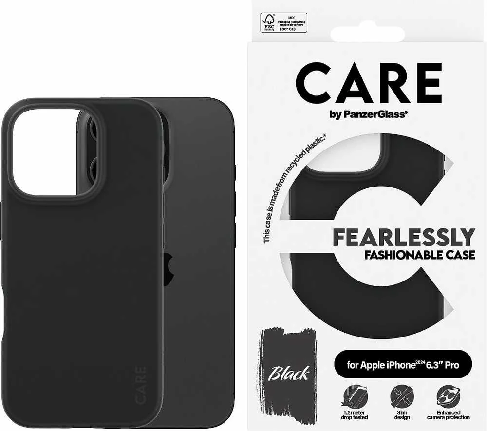 Panzer Glass CARE Madingas dėklas | Galinis viršelis | Apple | iPhone 16 PRO | Perdirbtas plastikas | Juodas