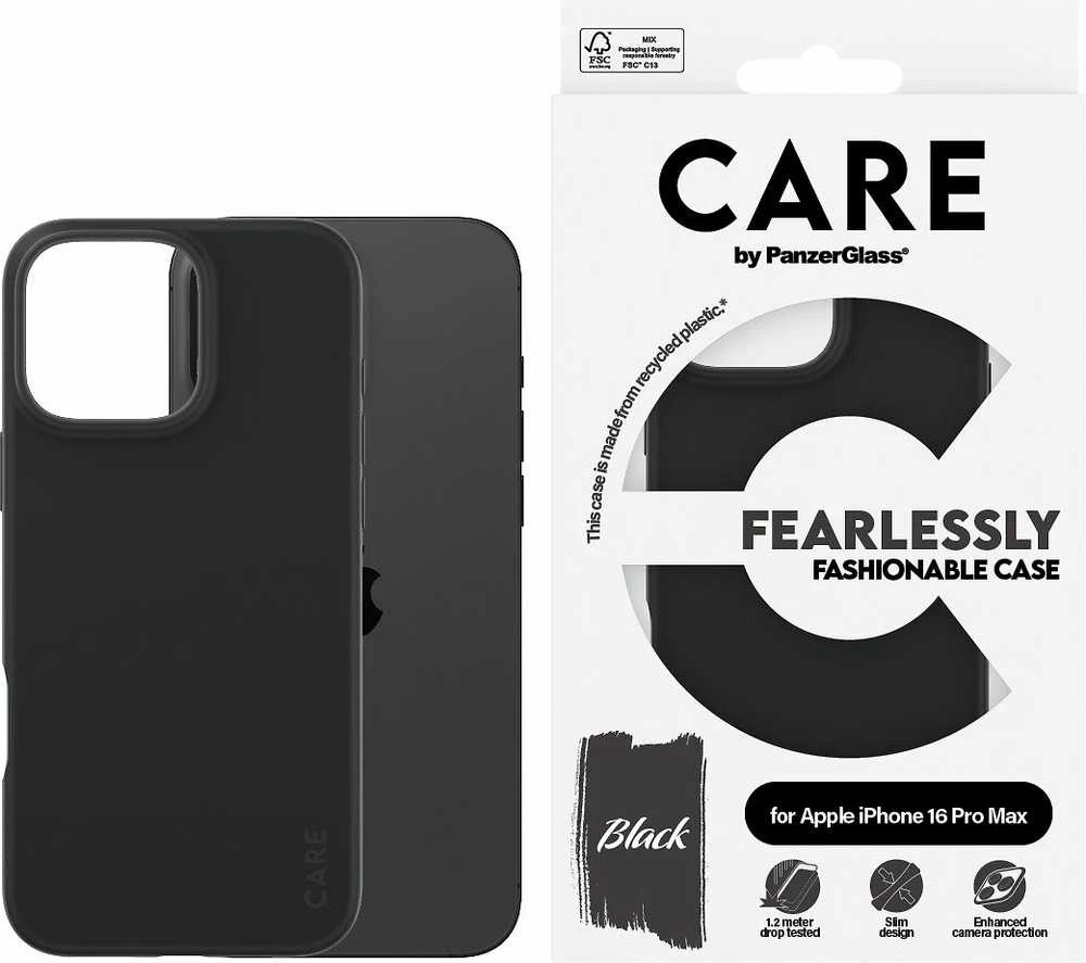 Panzer Glass CARE Madingas dėklas | Galinis viršelis | Apple | iPhone 16 Pro Max | Perdirbtas plastikas | Juodas
