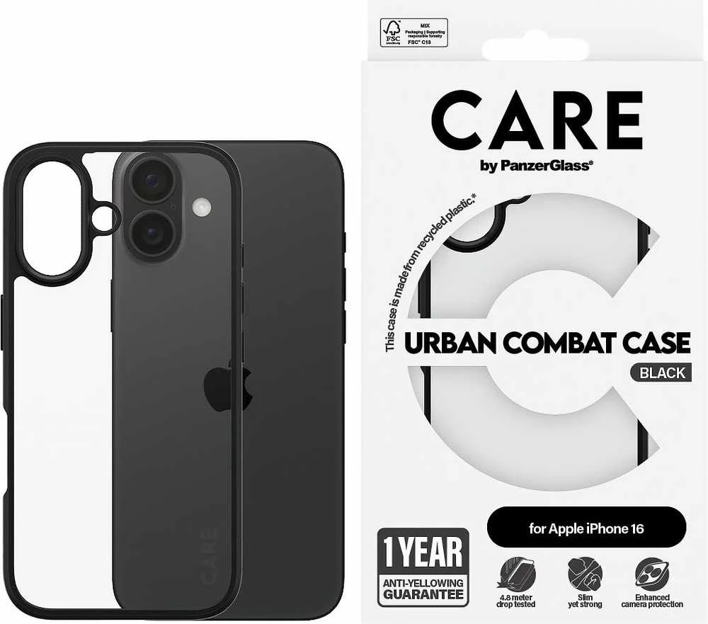 Panzer Glass CARE by PanzerGlass Urban Combat apsauginis dėklas, Apple iPhone 16, skaidrus / juodas