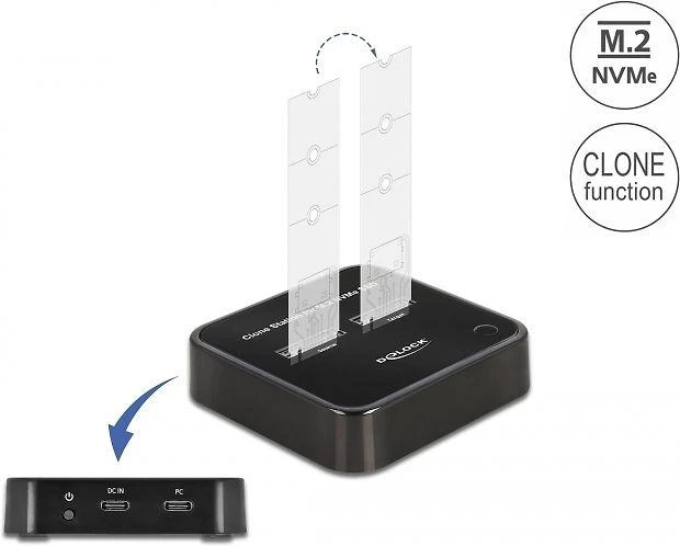 Delock M.2 prijungimo stotelė, skirta 2 x M.2 NVMe PCIe SSD su klonavimo funkcija