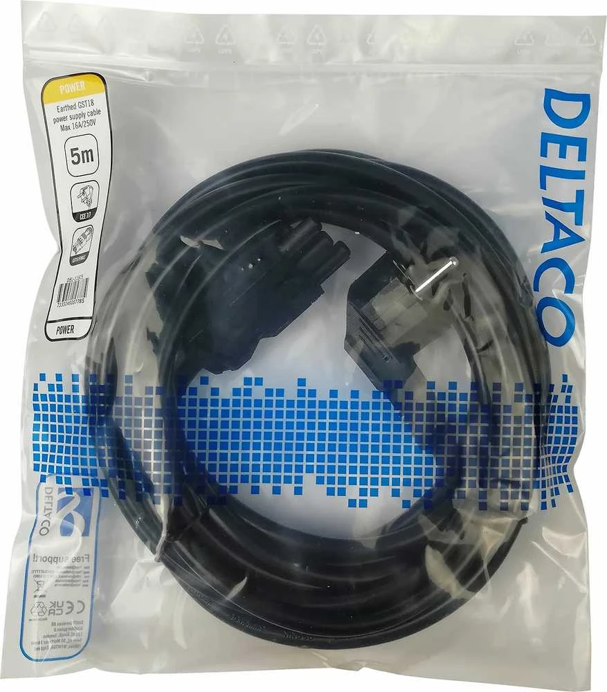DELTACO CEE 7/7 - GST18 naaras, maadoitettu, 5m, musta