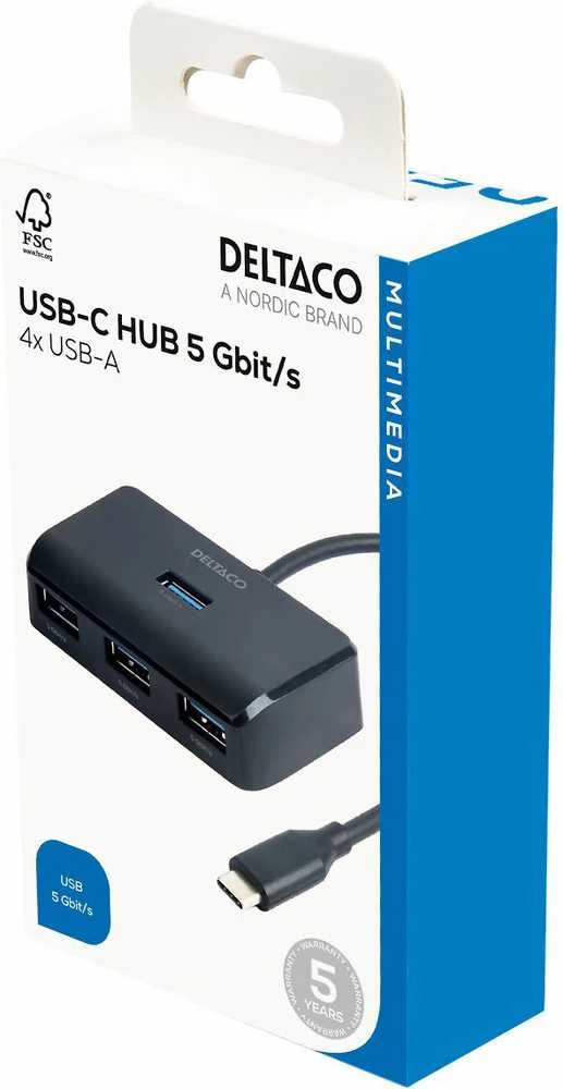 USB-C šakotuvas DELTACO, 5 Gbps, 4x USB-A, juodas / USBC-HUB203 / 1902428