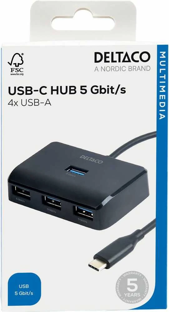 USB-C šakotuvas DELTACO, 5 Gbps, 4x USB-A, juodas / USBC-HUB203 / 1902428