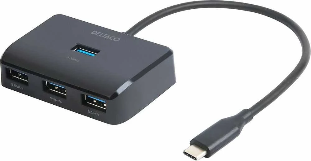 USB-C šakotuvas DELTACO, 5 Gbps, 4x USB-A, juodas / USBC-HUB203 / 1902428