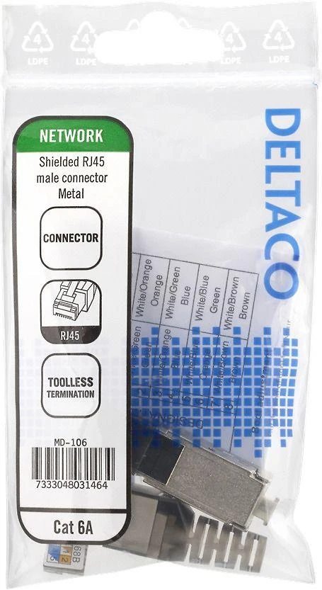 RJ45 kištukas Cat6A, ekranuotas, be įrankių, metalinis DELTACO / MD-106