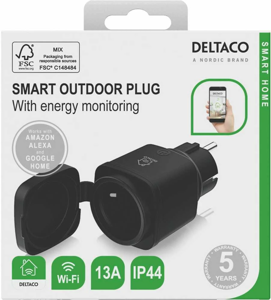 DELTACO SMART HOME lauko kištukas, „WiFi“, IP44, 1xCEE 7/3, 13A, juodas / žalias SH-OP01