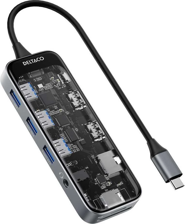 Deltaco USB-C daugiafunkcis adapteris permatomu korpusu