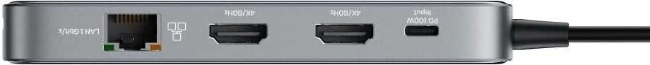 Skaidri USB-C prijungimo stotelė DELTACO 3xUSB-A / SD ir Micro SD / RJ45 / 2x HDMI / 3,5 mm / USBC-HDMI30 / 1902564