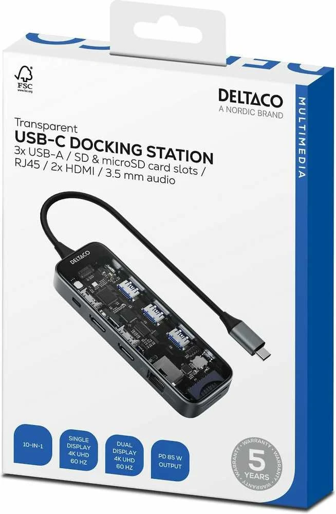 Skaidri USB-C prijungimo stotelė DELTACO 3xUSB-A / SD ir Micro SD / RJ45 / 2x HDMI / 3,5 mm / USBC-HDMI30 / 1902564