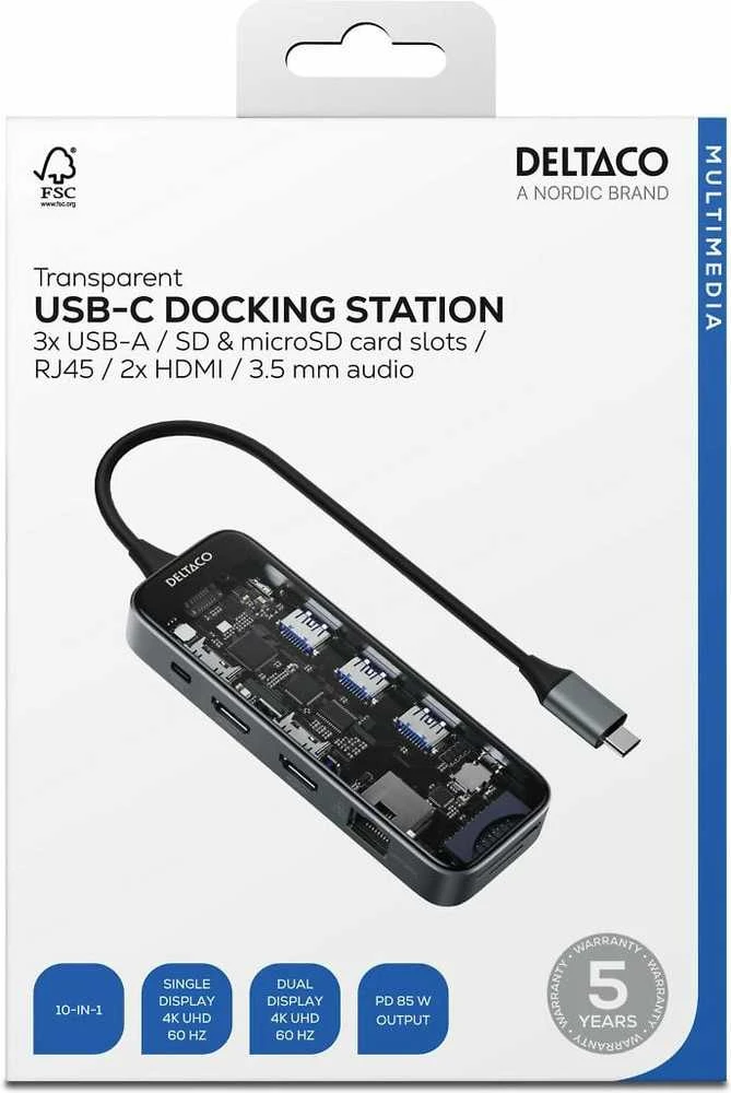 Skaidri USB-C prijungimo stotelė DELTACO 3xUSB-A / SD ir Micro SD / RJ45 / 2x HDMI / 3,5 mm / USBC-HDMI30 / 1902564