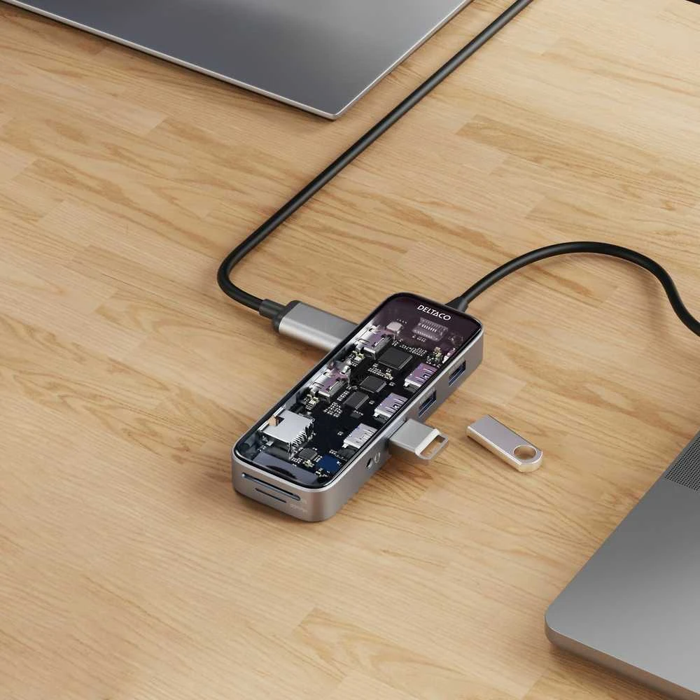Skaidri USB-C prijungimo stotelė DELTACO 3xUSB-A / SD ir Micro SD / RJ45 / 2x HDMI / 3,5 mm / USBC-HDMI30 / 1902564