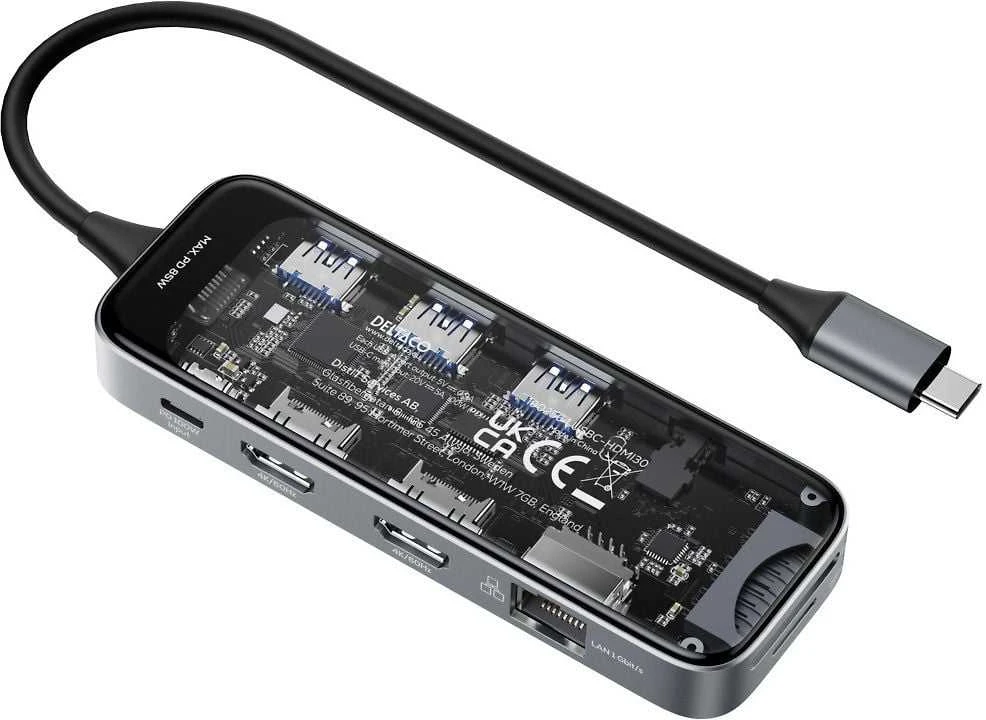 Skaidri USB-C prijungimo stotelė DELTACO 3xUSB-A / SD ir Micro SD / RJ45 / 2x HDMI / 3,5 mm / USBC-HDMI30 / 1902564