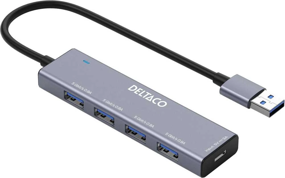 Deltaco USB-A šakotuvas, 4 prievadai, pilkas aliuminis