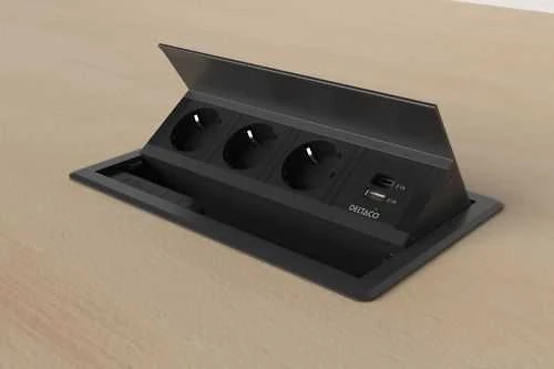 Stalinis atverčiamas maitinimo lizdas DELTACO OFFICE, 3 lizdai, 1x21W A+C USB, GST18 kabelio jungtis / GT-1400 / 1902250