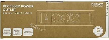 Įleidžiama maitinimo lizdo dėžutė DELTACO OFFICE, 3 lizdai, 1x21W A+C USB krovimas, GST18 / GT-1303 / 1902248