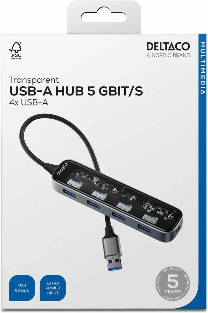 Permatomas USB-A šakotuvas DELTACO, 5 Gbps, 4x USB-A / UH-736 / 1902565